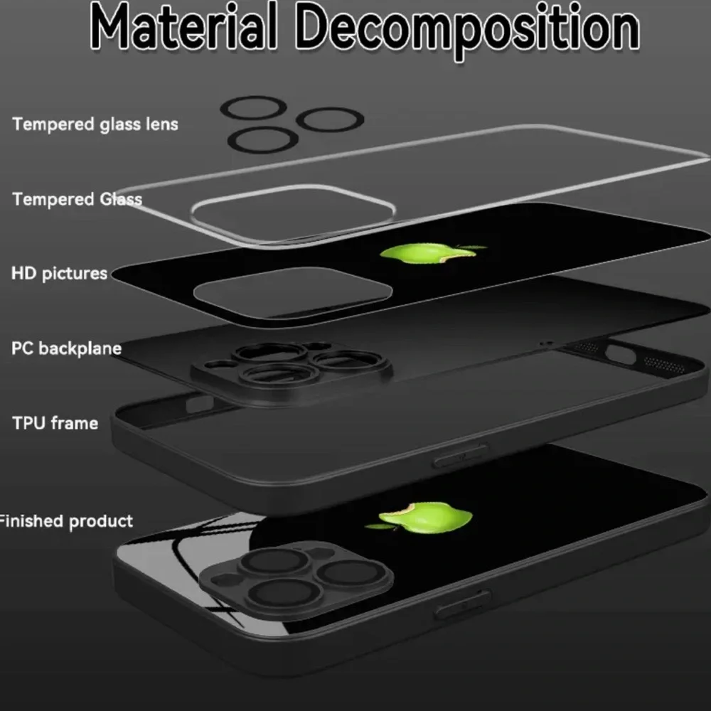 iPhone 14 Pro Max Glossy Tempered Glass Black Case with Green Bitten Apple
